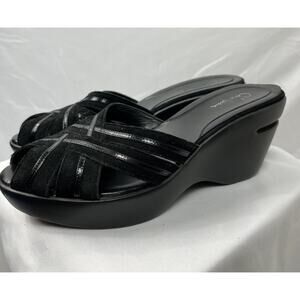 COLE HAAN Rich Black Suede Patent Leather SLIDE SANDALS SHOES 7 B Wedge Heels